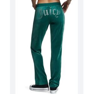 JUICY COUTURE Og Bling Velour Pants In Jade Green no pockets mint condition SzL